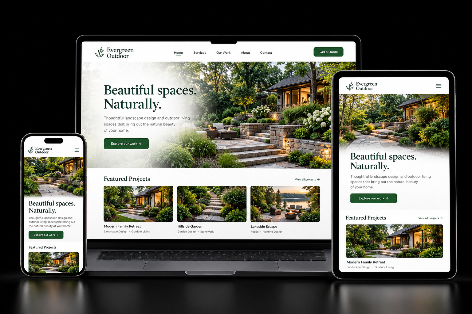Concept of a landscaping website displayed on a laptop, tablet and phone